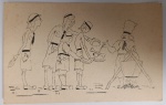 Antigo Cartão-Postal Ilustrado  Temática Escotismo / Acampamento  Circa 1940Ilustração linear em preto e branco apresentando quatro jovens com uniformes de acampamento, lenços e chapéus, aguardando a refeição. O cozinheiro, com chapéu de mestre-cuca, serve ossos em um prato, sugerindo um tom de humor sobre a escassez ou a dureza da vida no campo