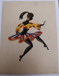 Antiga Estampa Artística Modernista  Dançarina Estilizada  Circa 1940Ilustração de uma dançarina em silhueta negra, trajando um figurino vibrante com estampas geométricas em amarelo, vermelho e azul, que remete aos trajes folclóricos ou caribenhos populares na estética visual da épocaApresenta inscrições técnicas discretas na base: "Série Calypso maior 84 4" (à esquerda) e "BROMOGRAF" (à direita), identificando a série da obra