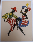 Antiga Estampa Modernista  Par de Dançarinos  Série Calypso (Bromograf)  Circa 1940Ilustração estilizada de um casal de dançarinos negros em silhueta, com figurinos festivos e coloridos (xadrez, listras e penas). A obra exalta o movimento e o ritmo, características marcantes do design gráfico do meados do século XX.Inscrições na base: "Série Calypso maior 84 6" (esquerda) e "BROMOGRAF" (direita). A numeração indica que faz parte de uma sequência colecionável.