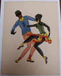 Antiga Estampa Modernista  Casal de Dançarinos  Série Calypso (Bromograf)  Item nº 2 Ilustração estilizada de um casal em passo de dança. O homem veste paletó azul e calça rosada, enquanto a mulher traja blusa verde e saia amarela com detalhes circulares.Estilo: Design modernista de meados do século XX, com foco em ritmo, movimento e contrastes cromáticos.Identificação: Inscrições na base: "Série Calypso maior 84 2" (esquerda) e "BROMOGRAF" (direita).