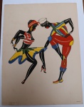 Antiga Estampa Modernista  Marinheiro e Dançarina  Série Calypso (Bromograf)  Item nº 1Ilustração dinâmica de um casal negro em silhueta. O homem veste um figurino de marinheiro estilizado em vermelho e azul com listras, enquanto a mulher traja blusa listrada e saia amarela/verde em movimento.Estilo: Traços fluidos do modernismo brasileiro/internacional das décadas de 40/50, com forte apelo rítmico.Identificação: Inscrições na base: "Série Calypso maior 84 1" (esquerda) e "BROMOGRAF" (direita)