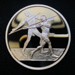 Moeda Grecia - 10 Euros 2004 - Km-193 Proof FC - Prata (.925) - 34 g - 40 mm - Comemorativa Desporto nos Jogos Olímpicos: Lançamento de dardo - Séries: 2004 Summer Olympics, Athens.