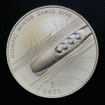 Moeda Letônia - 1 Lats 2005 - Km-69 FC - na Capsula original - Prata (.925) - 31,47 g - 38,61 mm - Comemorativa Bobsleigh Dedicado aos Jogos Olímpicos de Turim 2006 - Bobsled.