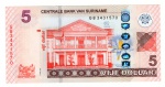 Cédula Suriname - 5 Dolares 2012 P-162b FE - Edifício do Banco Central em Paramaribo.