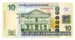 Cédula Suriname - 10 Dolares 2012 P-163b FE - Edifício do Banco Central em Paramaribo.