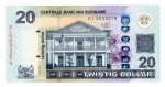 Cédula Suriname - 20 Dolares 2019 P-164c FE - Edifício do Banco Central em Paramaribo.