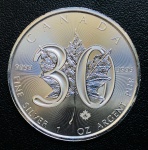 Canada - 5 Dolares 2018 - 1 Onça De Prata  (.999) - 31,11g - 38mm - Km-2603 FC - Edição Comemorativa 30º Aniversário da Moeda de Prata Maple Leaf Bullion Coin.