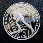 Itália - 5 Euros 2006 - Prata (.925) 18g - 32 mm Proof FC Km-257 - Comemorativa XX Jogos Olímpicos de Inverno de 2006 - Torino (2ª Edição) Esqui Cross-Country.