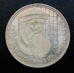 Moeda Alemanha - 5 Deutsche Mark 1969 - Letra F - Km-126 - Prata (.625) - 11,2 g - 29 mm - Comemorativa 375º aniversário da morte de Gerhard Mercator.