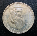 Moeda Alemanha - 5 Deutsche Mark 1969 - Letra F - Km-126 - Prata (.625) - 11,2 g - 29 mm - Comemorativa 375º aniversário da morte de Gerhard Mercator.