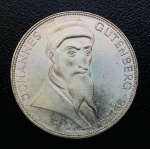 Moeda Alemanha - 5 Deutsche Mark 1968 - Letra G - Km-122 - Prata (.625) - 11,2 g - 29 mm - Comemorativa 500º aniversário da morte de Johannes Gutenberg.