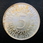 Moeda Alemanha  - 5 Deutsche Mark 1970 G Prata (.625) - 11,2 g - 29 mm KM-112 - República Federal da Alemanha.