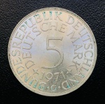 Moeda Alemanha  - 5 Deutsche Mark 1971 G Prata (.625) - 11,2 g - 29 mm KM-112 - República Federal da Alemanha.