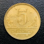 Moeda do Brasil - 5 Cruzeiros 1942 - V-252 - Bronze-Alumínio - República - Muito Bonita - Excelente Conservação