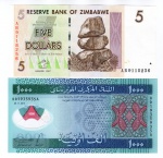 2 Cédulas Estrangeiras - ( Mauritânia 1000 Ouguiya 2014 Polimero FE - P-19 ) - ( Zimbabué 5 Dólares 2007 - P-66 FE ).
