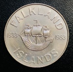 Moeda Ilhas Falkland - 50 Pence 1983 - Km-19 - Cuproníquel - 28,28 g - 38,61 mm - Comemorativa 150º aniversário do domínio britânico.