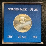 Moeda Noruega no Acrilico - 5 Kroner 1991 - Km-430 FC - Cuproníquel - 11,50 g - 29,5 mm - Comemorativa 175º aniversário - Banco Nacional - Rei Olav V.