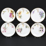 PORCELANA, seis (6) pratos decorativos, pintados a mão com flores em policromia e as iniciais VJ a ouro, além de friso na borda, Atelier YVETTE 75, marca RENNER (Porto Alegre, RS, fundada em 1942; em 1998 foi vendida para a Vista Alegre de Portugal; em 1999 mudou a razão social para Vista Alegre do Brasil), medindo 25 cm diâmetro, vide foto.