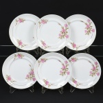 PORCELANA, seis (6) pratos rasos, ornados com rosas em policromia, frisos a ouro, marca SCHMIDT (Pomerode, SC; Mauá, SP; Campo Largo, PR, fundada em 1945, ainda em atividade, maior fábrica de porcelana da América Latina), medindo 24,5 cm diâmetro, vide foto.