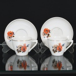 PORCELANA, par (2) xícaras para café, ornamentação floral policromada, arremates a ouro, marca POZZANI (Jundiaí, SP, fundada em 1934 por Francisco Pozzani; em 2002 foi vendida para um grupo de investidores com 80% de capital nacional e 20% de capital italiano, ainda em funcionamento), ideais para coleção de cristaleira, sinais de uso, vide foto.