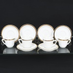 PORCELANA, quatro (4) xícaras para café, tonalidade branca, ornadas com frisos a ouro, manufatura SCHMIDT (Pomerode, SC; Mauá, SP; Campo Largo, PR, fundada em 1945, ainda em atividade, maior fábrica de porcelana da América Latina), acompanham dois pires sobressalentes, uma xícara e um pires com resquícios de esmalte, não sei dizer se é restauro ou para marcar a xícara que a pessoa usava, sinais de uso, vide foto.