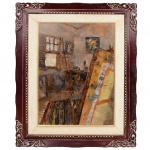Virgílio Dias - "Atelier do Artista" óleo sobre tela. Assinado e datado, Rio 2005. Moldura em madeira patinada na cor mogno com volutas. Apresenta manchas na parte interna da moldura. Med. da tela 100 x 75cm e da moldura 138 x 108cm. "ESTE LOTE NÃO PODE SER ENVIADO PELOS CORREIOS."