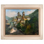 Benedito Luiz (1933-2010) - "Casarios e Igreja" óleo sobre tela, assinado. Moldura em madeira patinada de branco entalhada com volutas. Med. da obra 98 x 130cm e da moldura 133 x 167cm."ESTE LOTE NÃO PODE SER ENVIADO PELOS CORREIOS".