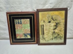 Lote de 2 quadros decorativos com moldura em madeira e vidro frontal. Medindo o maior 28cm x 35,5cm.