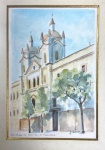 A. SCHERER - AQUARELA REPRESENTANDO SANTA CASA DE MISERICÓPRDIA, EMOLDURADO, COM MARCAS NO PASPARTUR, MOLDURA COM VESTIGIOS DE CUPIM .MEDIDAS:  50 X 40 CM