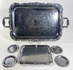 DUAS BANDEJAS E DOIS PRATINHOS EM METAL PRATEADO. DESGASTE NO METAL. MEDIDAS: