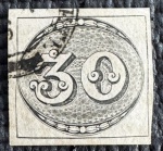 Império - Olho de Boi - 30 réis - nº 1 - 1843 - carimbado (1.300 UF).