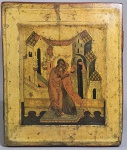 Ícone em estampa aplicada sobre madeira, com dourações e acabamento a mão, retratando o encontro de São Joaquim e Santa Ana. A obra original faz parte da coleção do Museu de Ícones de Recklinghausen, na Alemanha. Med. 37 x 30 cm