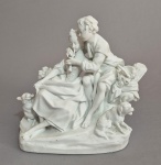 SÈVRES - Séc.XIX  - D´aprés François Boucher - Grupo escultórico em biscuit branco, representando casal em cena galante, com flores e animais. Assinado. Possui discreto restauro. Med. 23 x 24 x 14cm.  -- VER OUTRAS E COTAÇÕES-- https://www.proantic.com/en/1697168-sevres-18th-century-gallant-scene-the-flute-lesson-biscuit-porcelain-group-signed.html  ------https://artsandculture.google.com/asset/pair-of-figure-groups-the-flute-lesson-le-fl%C3%BBteur-and-the-grape-eaters-les-mangeurs-de-raisins-0091/-AEHdK3d0kV8OQ?hl=pthttps://www.dousson.com/annonce/Centre-Eure-et-Loir-CERAMIQUES-Groupe-en-porcelaine-blanche-amp-039-amp-039-La-Lecon-de-flute-amp-039-amp-039-6502https://www.mutualart.com/Artwork/La-lecon-de-flute-a-la-bergere/5D7EAC760DD8F2CF