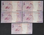 5 NOTAS DE 5 REAIS COM LETRAS DIFERENTES - FE
