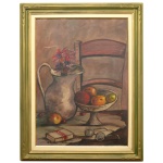 B. K. HOFFMANN  Natureza Morta com Cadeira, Jarra e Cesto com Frutos. Óleo s/ tela. Ass. cie. 70 x 50 cm (MI). 88 x 68 cm (ME).