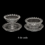 Conjunto de doze peças em cristal translucido em cristal translucido da linha Pearl da manufatura nacional Wolff. Apresenta bordas com perolados, sendo: A) 6 manteigueiras redondas com presentoir (6 x 8 cm / 9 cm). B) 6 saleiros redondos com presentoir (4 x 8 cm / 9 cm).