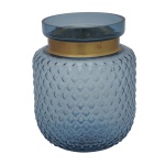 Original vaso de formato cilíndrico baixo, em cristal azul petróleo, decorado por treliças aplicadas em alto relevo. Gargalo retraído e realçado por colar dourado. Borda saliente e revirada. 22 x 18 cm.