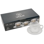 WOLFF  Conjunto de 8 xícaras para café com seus pires em cristal nacional modelo Imperatriz. 5 x 9 cm / 11 cm. Ideal para servir bebidas com elegância e sofisticação Peças novas, sem uso. Acondicionada em caixa original.