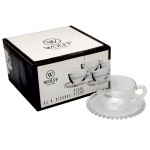 WOLFF  Conjunto de 8 xícaras para chá com seus pires em cristal nacional modelo Pearl, com pires bolinha. 12 x 9 cm / 14 cm. Ideal para servir bebidas com elegância e sofisticação. Peças novas, sem uso. Acondicionada em caixa original.