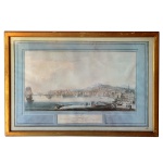 JOSEPH TOFANI-DE FLORENCE- 1808 - Porto di Napoli. 46 x 74 cm (MI). 57 x 85 cm (ME). Belíssima gravura aquarelada representando Porto de Nápoles , retratando o Vulcão Vesúvio ao fundo. Apresenta marca d'agua Antica Libéria Regina.