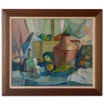 GERALDO ORTOF (Viena, Áustria 1903 - Rio de Janeiro, 1993) - Natureza Morta com Jarro Grande. Óleo s/ tela. Ass. e datado 77, cie. Ass. e titulado verso. 60 x 73 cm (MI). 77 x 90 cm (ME).  Pintor, cartazista, desenhista.