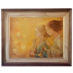 BIBIANA CALDERON (Buenos Aires, Argentina, 1949) - Meninas. Ass. e datado 77, cie e verso. 60 x 80 cm (MI). 84 x 104 cm (ME). Pintora argentina radicada no Brasil. Sua experiencia plástica estende-se por vários setores, da cenografia à concepção de acessórios cênicos, do desenho neofigurativo à pintura lírica.