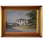 NICOLA PETTI (Rio Claro, SP, 1904 - 1984) - Rua Ouro Preto. Óleo s/ eucatex. Ass. cid. Localizado no verso. 24 x 35 cm (MI). 35 x 44 cm (ME). Pintor, desenhista, jornalista e escritor. Inicia suas atividades artísticas estudando pintura e desenho com Lúcia Cereda de Lima.