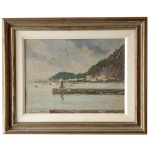 HEITOR DE PINHO (Rio de Janeiro, 1897 1968) - Iconografia com Baia de Guanabara ao Fundo. Óleo s/ eucatex. Ass. 26 x 34 cm (MI). 40 x 48 cm (ME). Apresenta dedicatória. Pintor, paisagista e marinhista carioca, conhecido por sua formação na Escola Nacional de Belas Artes e por suas participações e premiações em importantes salões de arte, como o Salão Nacional de Belas Artes.