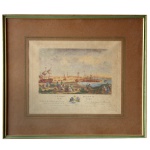 Le Port de Roscof vu de Porsglase, gravura francesa aquarelada. Faz parte de uma série de portos franceses encomendada pelo rei, desenhada em 1xx6 (possivelmente 1776) pelo Sr. Nicolas Ozanne, Engenheiro da Marinha, gravada e editada por Yves Marie Le Gouaz (1742-1816) estabelecido na rue St Hyacinthe, N 4 em Paris. Moldura em madeira dourada. Papel com manchas de oxidação. No verso, selos da Montmartre Jorge  Rio de Janeiro. Séc. XVIII. 23 x 30 cm (MI). 38 x 44 cm (ME).