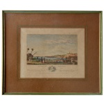 Le Port de Granville vu du pont - Gravura francesa aquarelada. Faz parte de uma série de portos franceses encomendada pelo rei, desenhada em 1776 pelo Sr. Nicolas Ozanne, Engenheiro da Marinha, gravada e editada por Yves Marie Le Gouaz (1742-1816), estabelecido na rue St Hyacinthe, N 4 em Paris. Moldura em madeira dourada. Papel com manchas de oxidação. No verso, selos da Montmartre Jorge  Rio de Janeiro. Séc. XVIII. 23 x 30 cm (MI). 38 x 45 cm (ME).