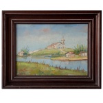 JOSÉ MARIA DE ALMEIDA (Beira Alta, Portugal 1906 - Uberlândia, Minas Gerais, 1995) - Paisagem com Igreja com fundo. Óleo s/ eucatex. Ass. cie. 23 x 32 cm (MI). 44 x 34 cm (ME). Pintor e desenhista. Imigra para o Brasil em 1920 e fixa residência no Rio de Janeiro. Nesta cidade estuda no Liceu Literário Português, com Oswaldo Teixeira da Rocha, em 1930. Posteriormente transfere-se para o Liceu de Artes e Ofícios, onde é aluno de Eurico Alves. Nesta mesma época, estuda na Escola Nacional de Belas Artes (Enba), com Rodolfo Chambelland.