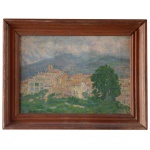 CASIO BOADO - Vilarejo em Paisagem Montanhosa. Óleo s/ tela. Ass. cie. 28 x 40 cm (MI). 39 x 51 cm (MT). Moldura em madeira. Manchas de água no verso