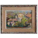 G. CHOUYI ..... - Paisagem de Casario, com vegetação, edifícios e telhados inclinados. Óleo s/ tela. Ass. e datado 50, cid. 34 x 33 cm (MI). 38 x 48 cm (ME).