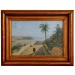 Rio de Janeiro, Subida da Igreja da Gloria - Paisagem Litorânea com Palmeira, construções antigas e figuras humanas em calçadão. Óleo s/ madeira. 27 x 40 cm (MI). 42 x 54 cm (ME). Moldura em madeira.